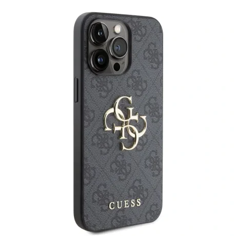 Husă spate Guess PU 4G cu logo metalic pentru iPhone 15 Pro Max, gri