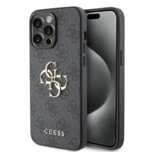 Husă spate Guess PU 4G cu logo metalic pentru iPhone 15 Pro Max, gri