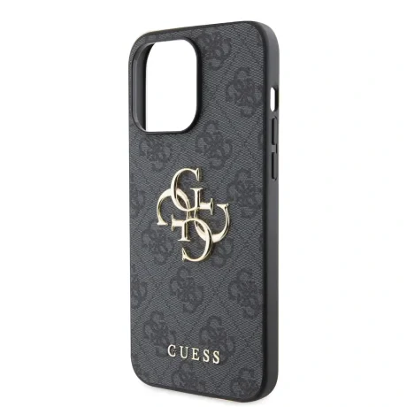 Husă spate Guess PU 4G cu logo metalic pentru iPhone 15 Pro Max, gri