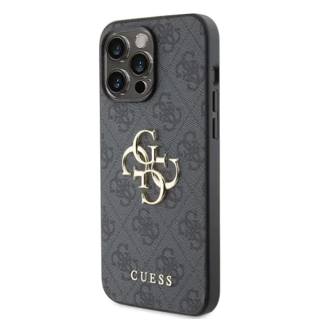 Husă spate Guess PU 4G cu logo metalic pentru iPhone 15 Pro Max, gri