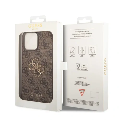 Husă spate Guess PU 4G cu logo metalic pentru iPhone 15 Pro Max, maro