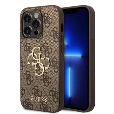 Husă spate Guess PU 4G cu logo metalic pentru iPhone 15 Pro Max, maro