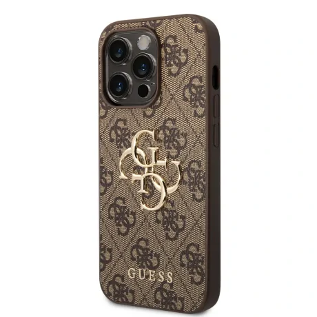 Husă spate Guess PU 4G cu logo metalic pentru iPhone 15 Pro Max, maro