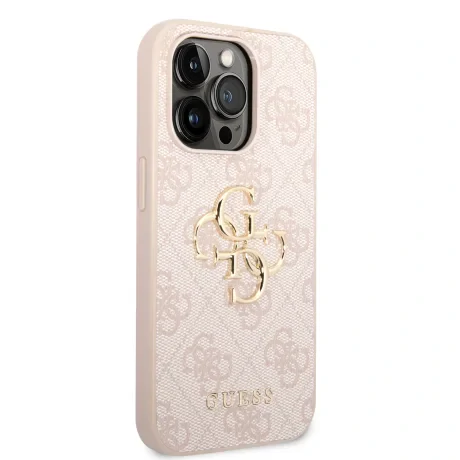 Husă spate Guess PU 4G cu logo metalic pentru iPhone 15 Pro Max, roz