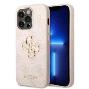 Husă spate Guess PU 4G cu logo metalic pentru iPhone 15 Pro Max, roz