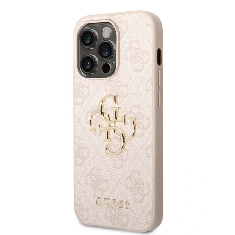 Husă spate Guess PU 4G cu logo metalic pentru iPhone 15 Pro Max, roz
