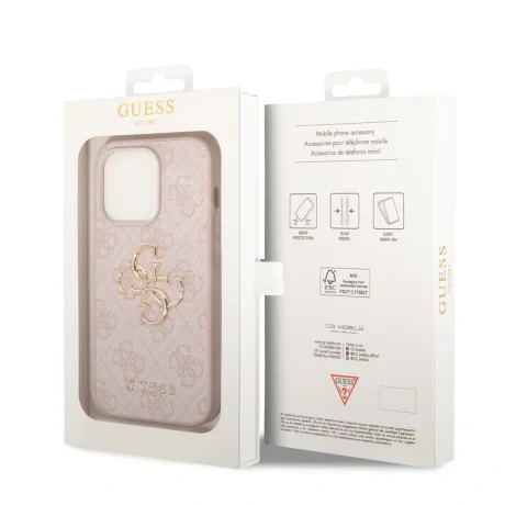Husă spate Guess PU 4G cu logo metalic pentru iPhone 15 Pro, roz