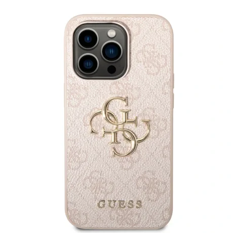 Husă spate Guess PU 4G cu logo metalic pentru iPhone 15 Pro, roz