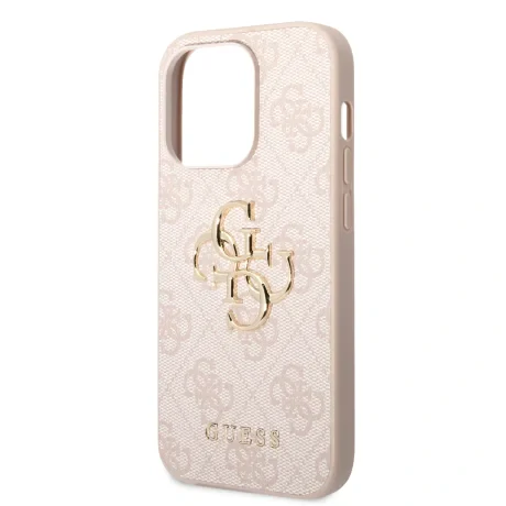 Husă spate Guess PU 4G cu logo metalic pentru iPhone 15 Pro, roz