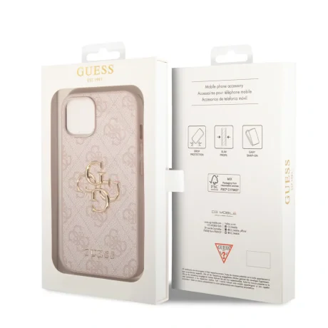 Husă spate Guess PU 4G cu logo metalic pentru iPhone 15, roz