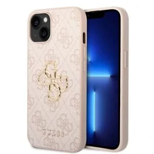 Husă spate Guess PU 4G cu logo metalic pentru iPhone 15, roz