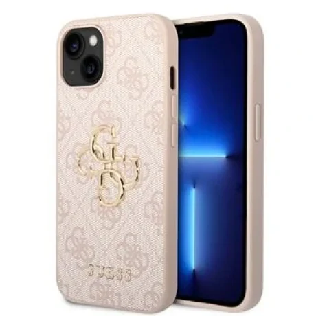 Husă spate Guess PU 4G cu logo metalic pentru iPhone 15, roz