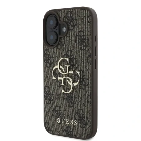 Husă spate Guess PU 4G cu logo metalic pentru iPhone 16, maro