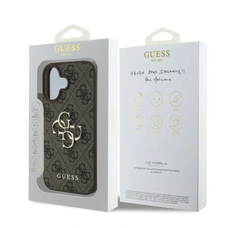 Husă spate Guess PU 4G cu logo metalic pentru iPhone 16, maro