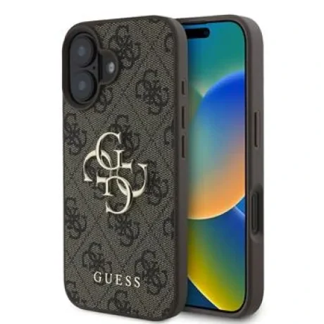 Husă spate Guess PU 4G cu logo metalic pentru iPhone 16, maro