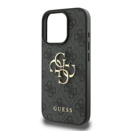 Husă spate Guess PU 4G cu logo metalic pentru iPhone 16 Pro, gri