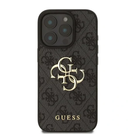 Husă spate Guess PU 4G cu logo metalic pentru iPhone 16 Pro, gri