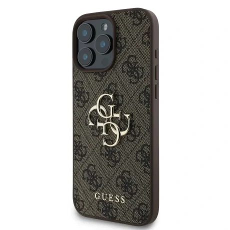 Husă spate Guess PU 4G cu logo metalic pentru iPhone 16 Pro, maro