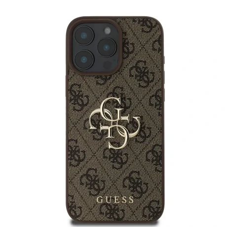 Husă spate Guess PU 4G cu logo metalic pentru iPhone 16 Pro, maro