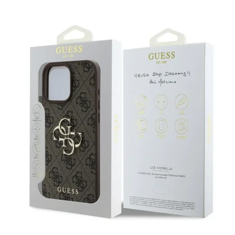 Husă spate Guess PU 4G cu logo metalic pentru iPhone 16 Pro, maro