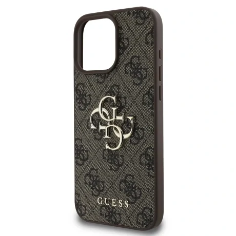 Husă spate Guess PU 4G cu logo metalic pentru iPhone 16 Pro, maro