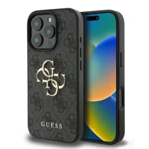 Husă spate Guess PU 4G cu logo metalic pentru iPhone 16 Pro Max, gri