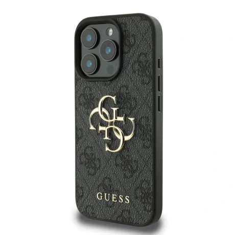 Husă spate Guess PU 4G cu logo metalic pentru iPhone 16 Pro Max, gri