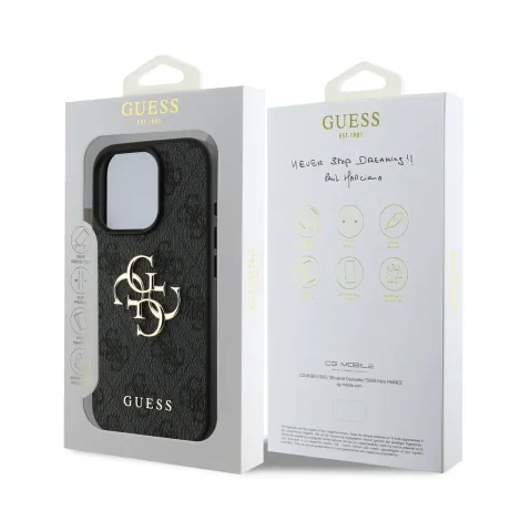 Husă spate Guess PU 4G cu logo metalic pentru iPhone 16 Pro Max, gri