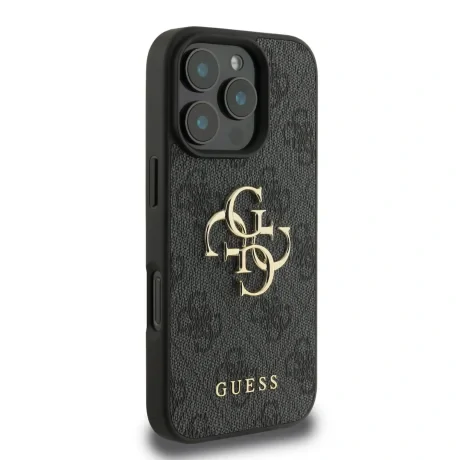Husă spate Guess PU 4G cu logo metalic pentru iPhone 16 Pro Max, gri