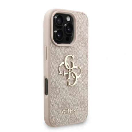 Husă spate Guess PU 4G cu logo metalic pentru iPhone 16 Pro Max, roz