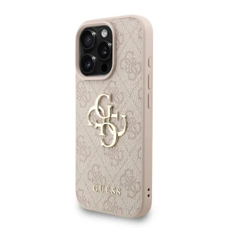 Husă spate Guess PU 4G cu logo metalic pentru iPhone 16 Pro Max, roz