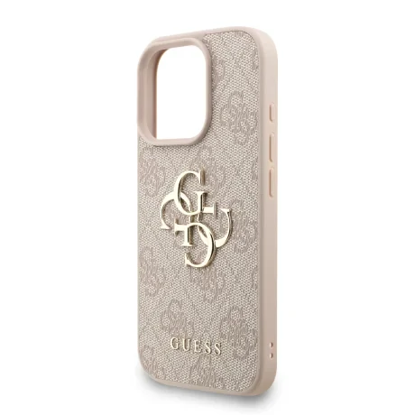 Husă spate Guess PU 4G cu logo metalic pentru iPhone 16 Pro, roz