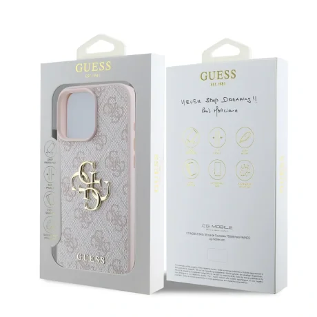 Husă spate Guess PU 4G cu logo metalic pentru iPhone 16 Pro, roz