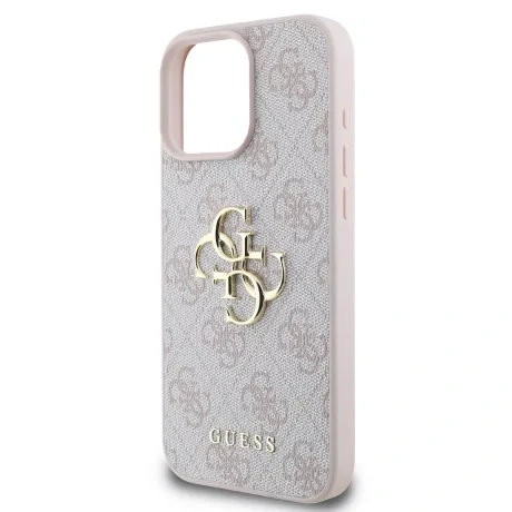 Husă spate Guess PU 4G cu logo metalic pentru iPhone 16 Pro, roz