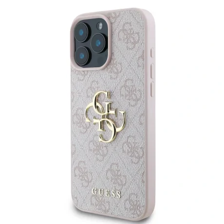 Husă spate Guess PU 4G cu logo metalic pentru iPhone 16 Pro, roz