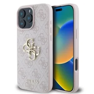 Husă spate Guess PU 4G cu logo metalic pentru iPhone 16 Pro, roz