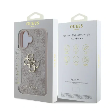 Husă spate Guess PU 4G cu logo metalic pentru iPhone 16, roz