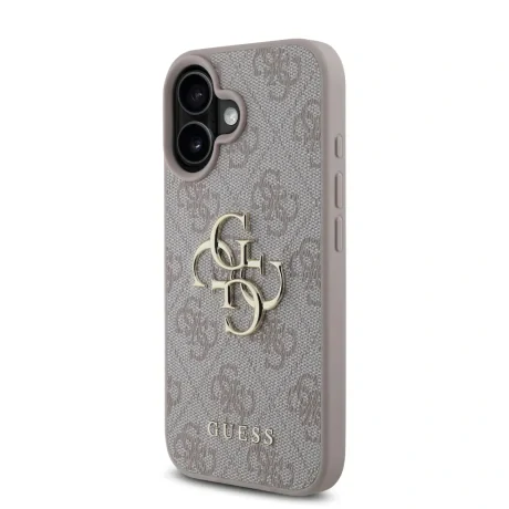 Husă spate Guess PU 4G cu logo metalic pentru iPhone 16, roz