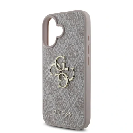 Husă spate Guess PU 4G cu logo metalic pentru iPhone 16, roz