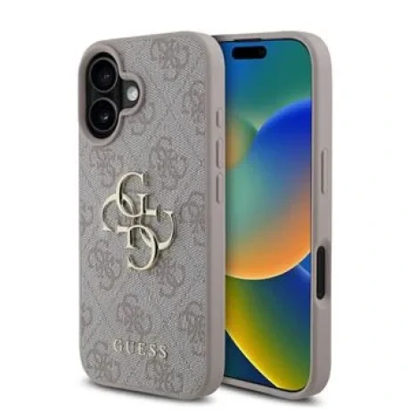 Husă spate Guess PU 4G cu logo metalic pentru iPhone 16, roz