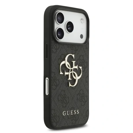 Husă spate Guess PU 4G cu logo metalic pentru iPhone 17 Pro, neagră