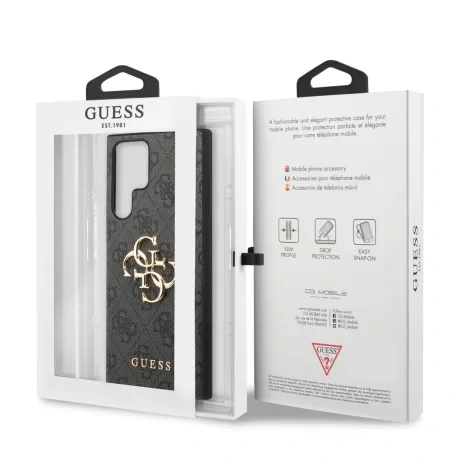 Husa spate Guess PU 4G cu logo metalic pentru Samsung Galaxy S24 Ultra, gri