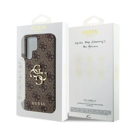 Husa spate Guess PU 4G cu logo metalic pentru Samsung Galaxy S24 Ultra, maro