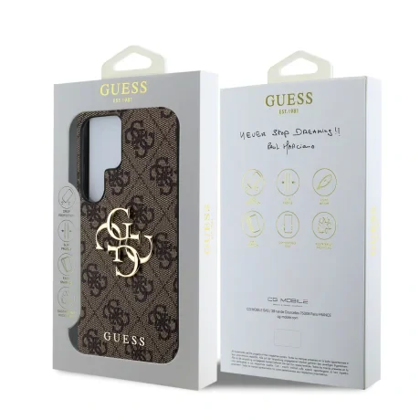 Husa spate Guess PU 4G cu logo metalic pentru Samsung Galaxy S25 Ultra, maro