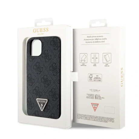 Husa spate Guess PU 4G Strass Triangle Metal Logo pentru iPhone 15 Negru