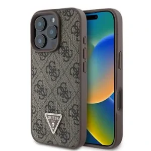 Husa spate Guess PU 4G Strass Triangle Metal Logo pentru iPhone 16 Pro, maro