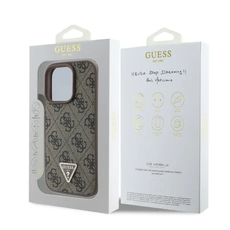 Husa spate Guess PU 4G Strass Triangle Metal Logo pentru iPhone 16 Pro Max, maro