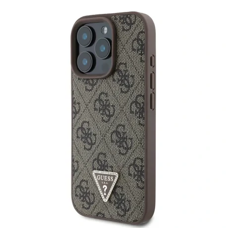 Husa spate Guess PU 4G Strass Triangle Metal Logo pentru iPhone 16 Pro Max, maro