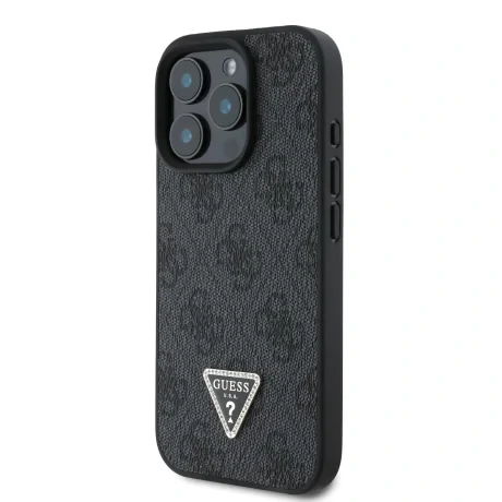 Husa spate Guess PU 4G Strass Triangle Metal Logo pentru iPhone 16 Pro Max Negru