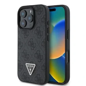 Husa spate Guess PU 4G Strass Triangle Metal Logo pentru iPhone 16 Pro Max Negru